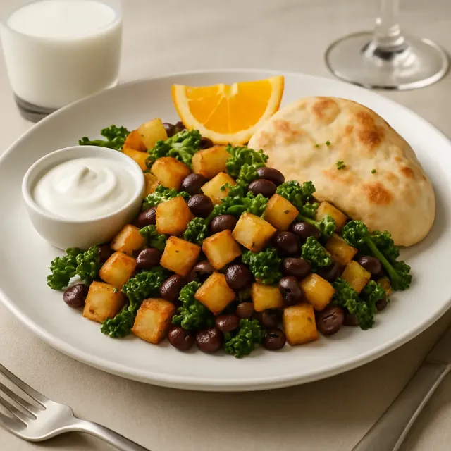 Sartén de patatas, frijoles negros y col rizada
