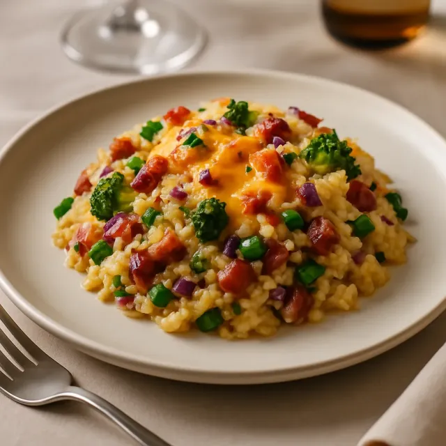Сырная запеканка с индейкой и рисом