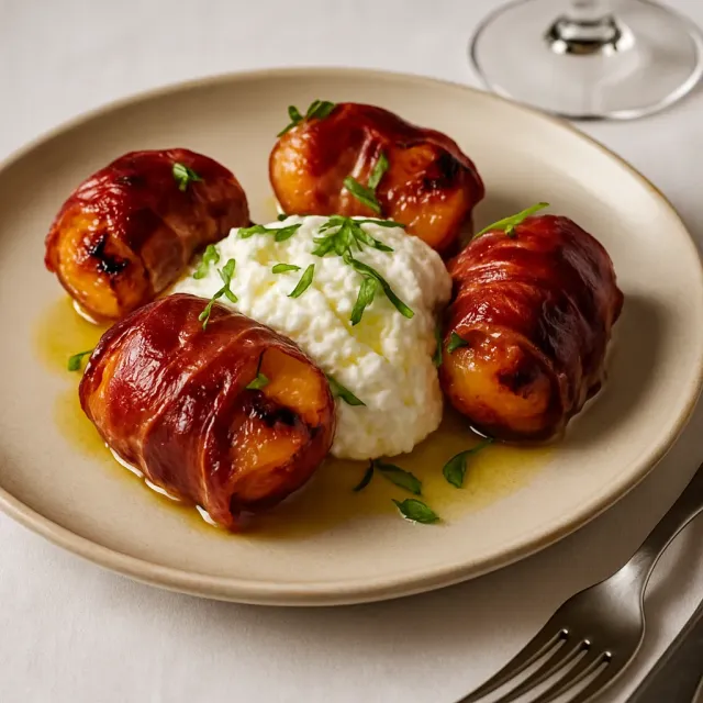 Pêches grillées enveloppées de jambon cru accompagnées de burrata et de basilic