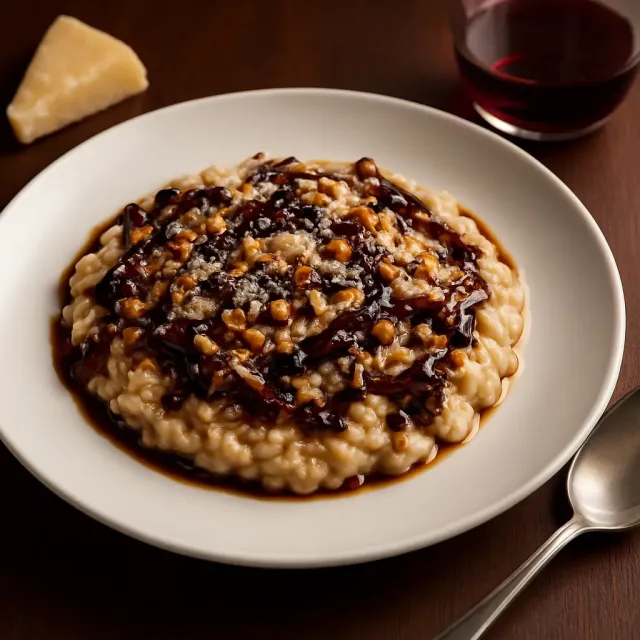 Risoto com Radicchio, Gorgonzola, Nozes e Calda Balsâmica