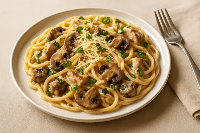 Pasta cremosa Instant Pot con muslos de pollo y champiñones