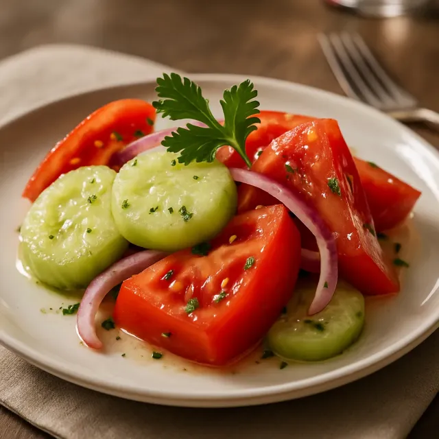 Insalata di cetrioli, pomodori e cipolle rosse