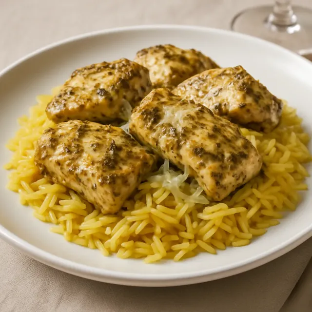 Asado de pollo con pesto y arroz