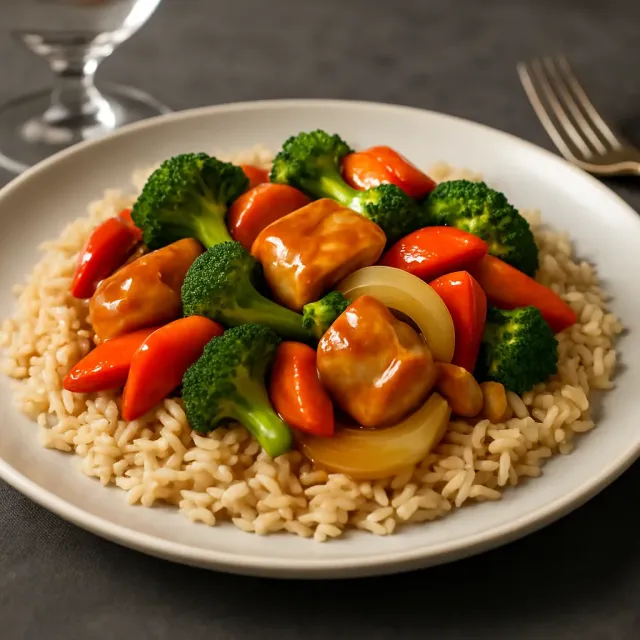 Riso integrale con pollo e verdure sfrigolanti