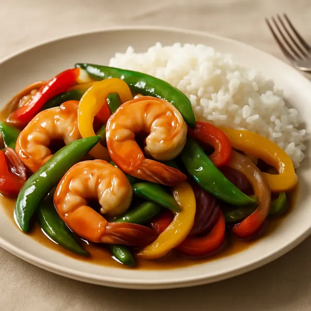 Salteado de Camarones y Pimientos