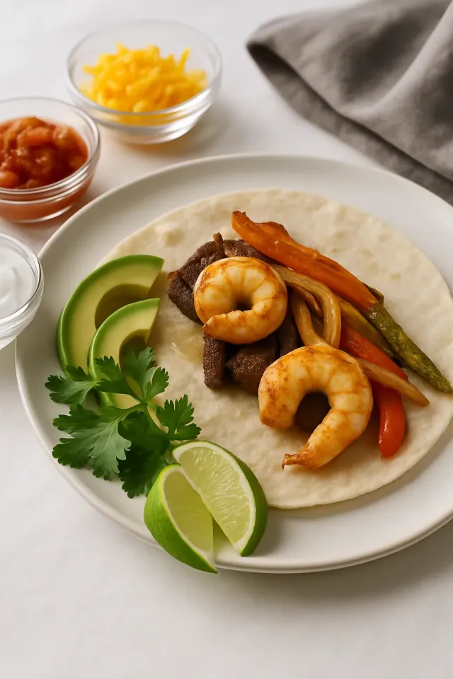 Fajitas au bifteck et aux crevettes sur plaque de cuisson