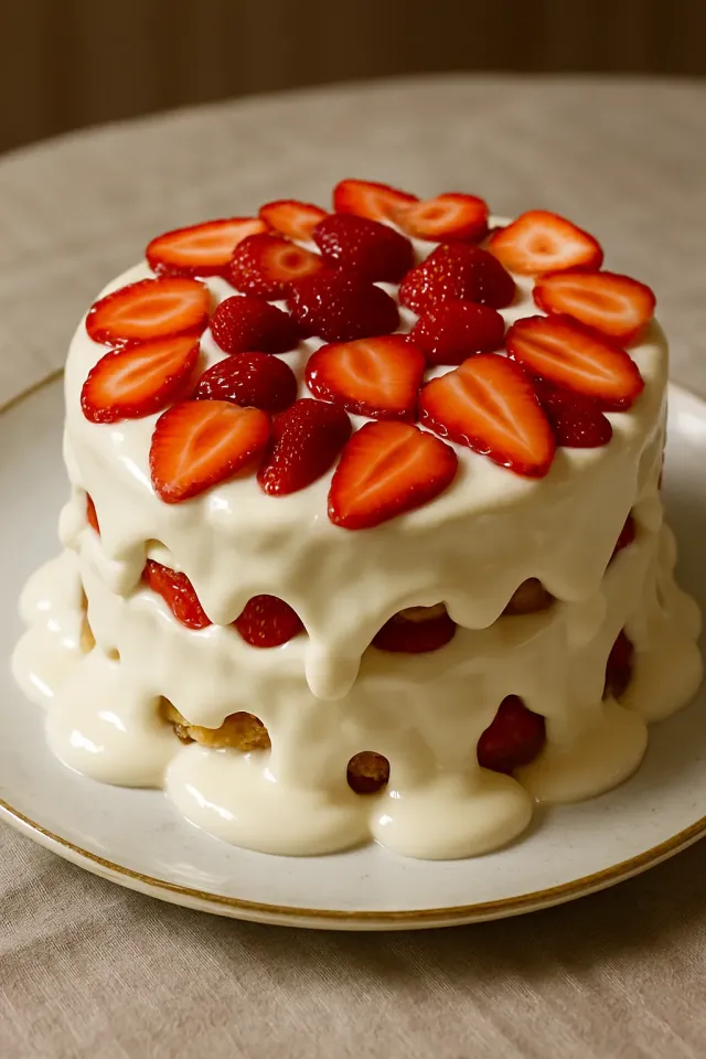 Tragekuchen mit Erdbeeren und Schlagsahne