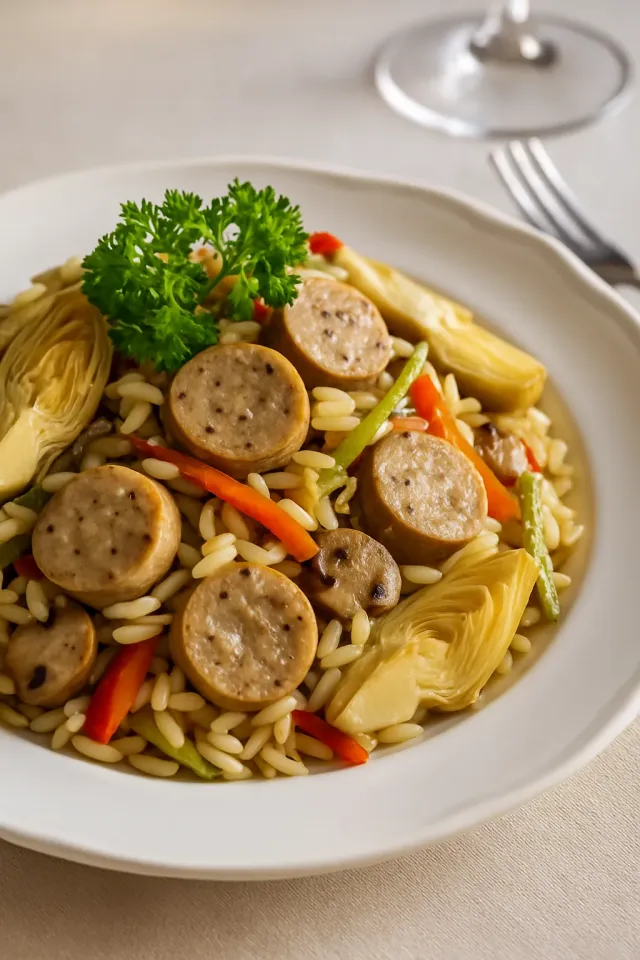 Một món gà xúc xích, rau củ và mì orzo