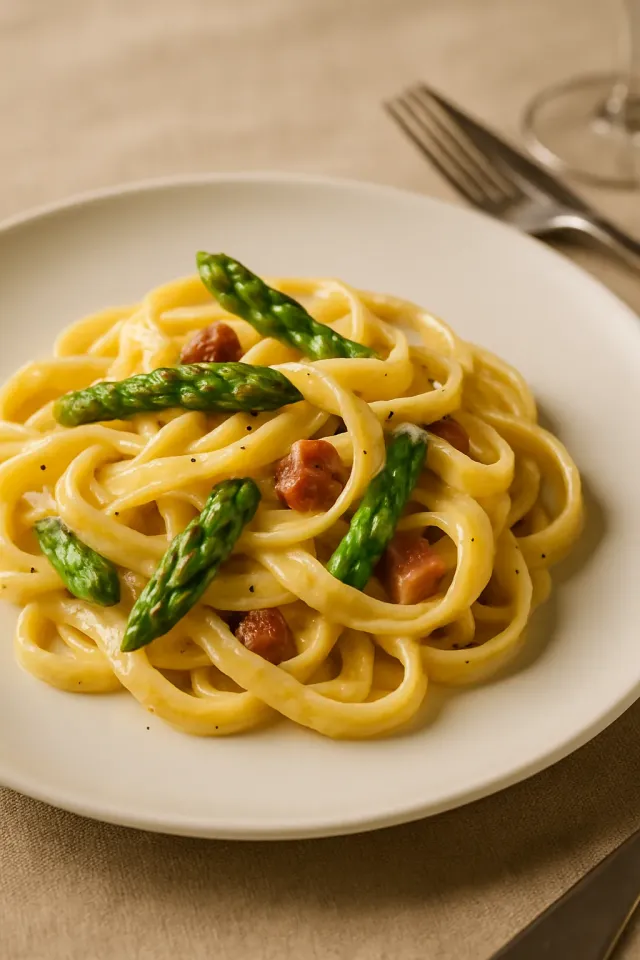 Fettuccine Ham dan Asparagus Krim