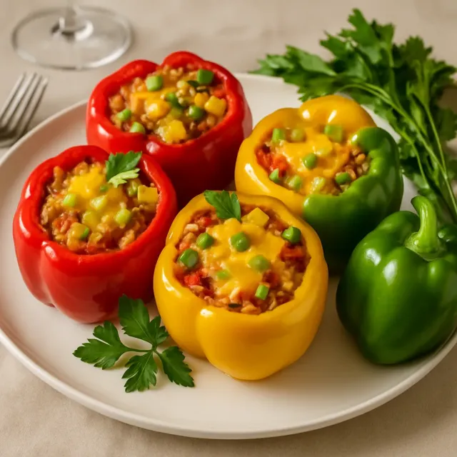 Pimientos Rellenos de Arroz y Frijoles