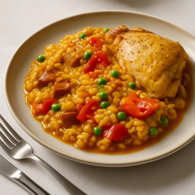 Paella nấu bằng nồi áp suất với đùi gà và xúc xích hun khói