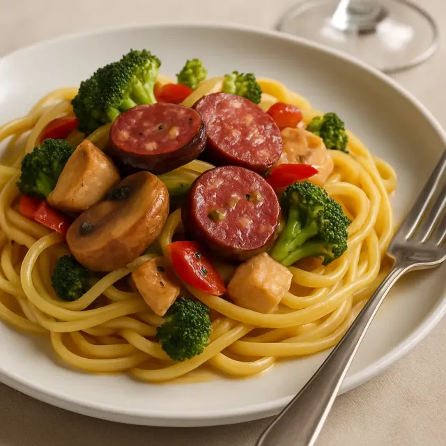 Pâtes au poulet, crevettes et saucisse cajun