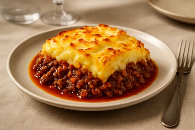 Pastel de carne fácil con papas al ajo y queso Romano