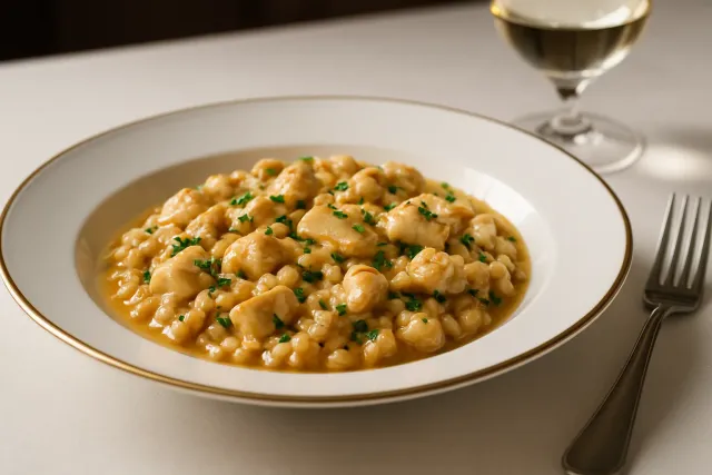 Pollo Asado con Risotto y Cebollas Caramelizadas