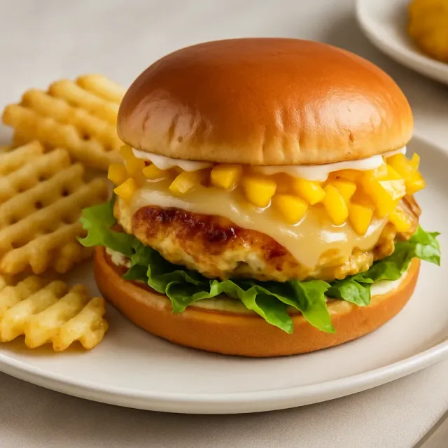 Bánh burger gà cay với salsa xoài