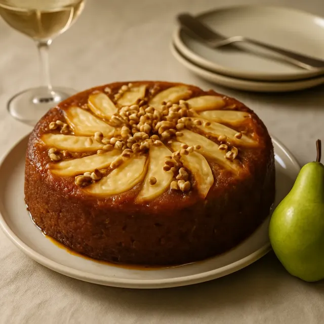 Pastel de Pera Volteado con Harina de Graham