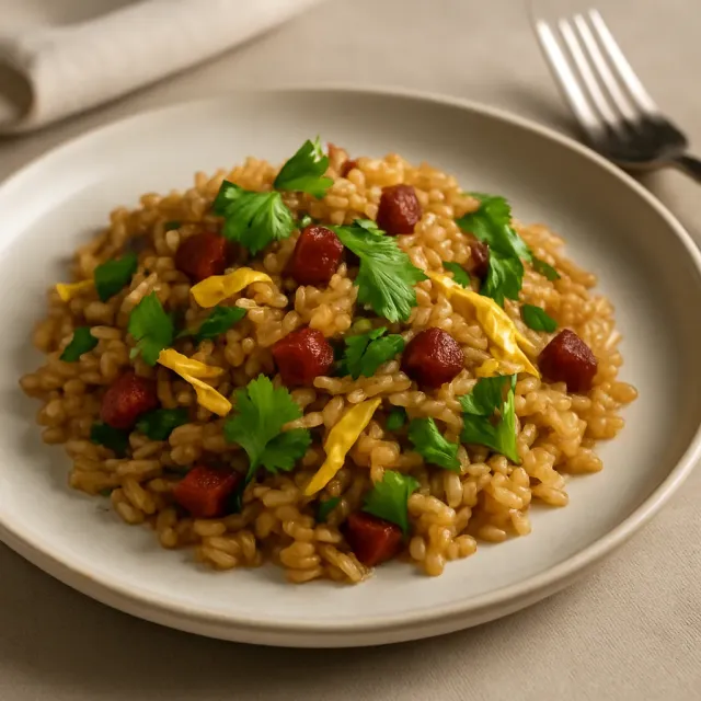 Riz gluant chinois sauté avec saucisse chinoise