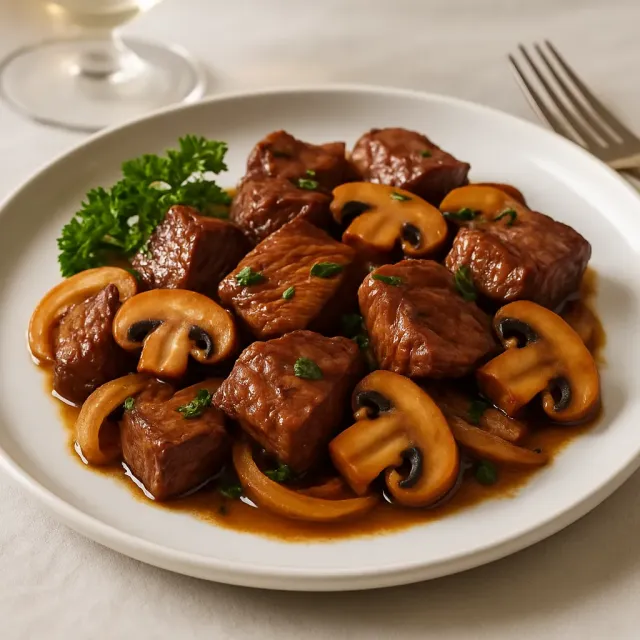 Knoblauchbutter-Steakbissen mit Pilzen