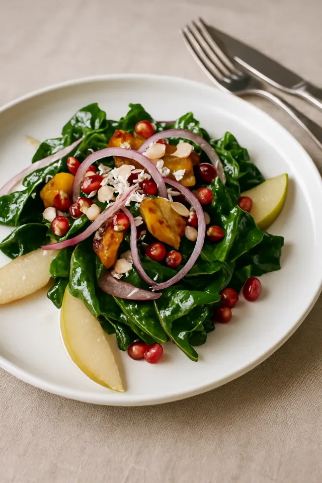 Grünkohl- und gerösteter Delicata-Kürbis-Salat mit Granatapfel-Vinaigrette