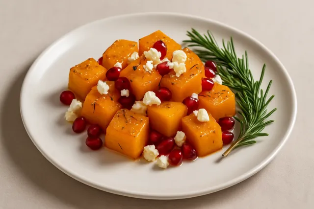 Abóbora Butternut Assada com Queijo de Cabra, Romã e Alecrim