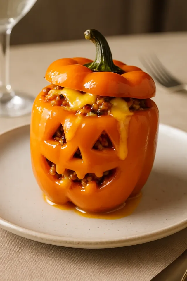 Pimientos Morrones Rellenos en Forma de Calabaza