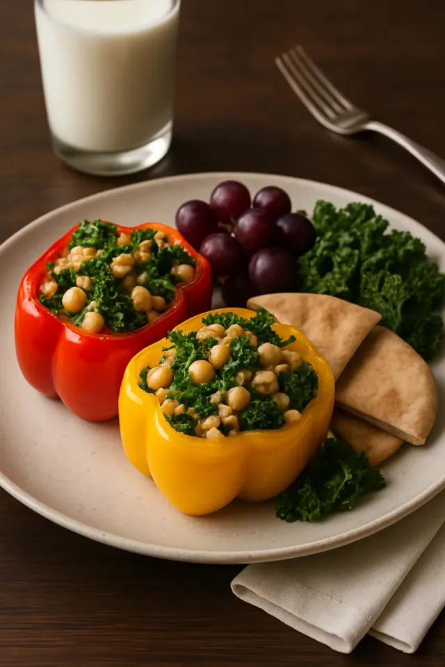Rainbow Bell Pepper Boats with Garbanzo Beans and Kale