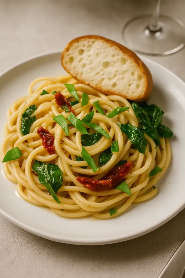 クリーミーなドライトマトとスピナッチのパスタ
