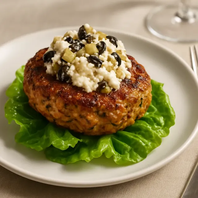 Mediterranean Ground Turkey Burgers with Olive and Feta Topping