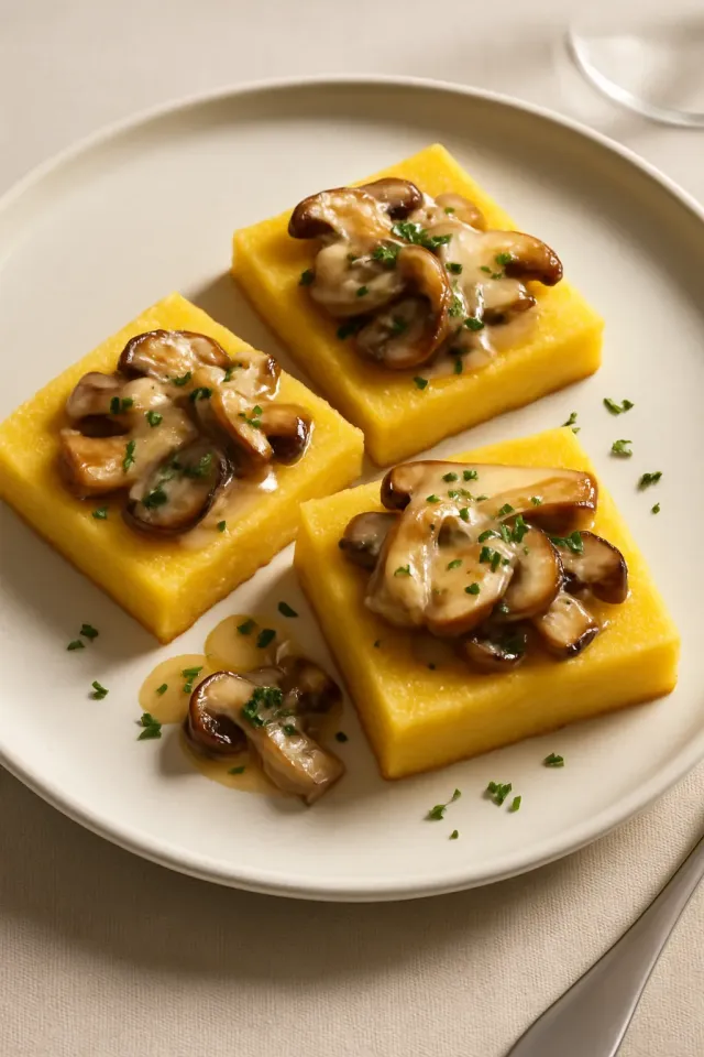 Fried Polenta Squares with Creamy Mushroom Ragu