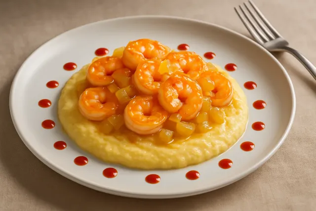 Crevettes à l'ail et gruau de maïs au fromage