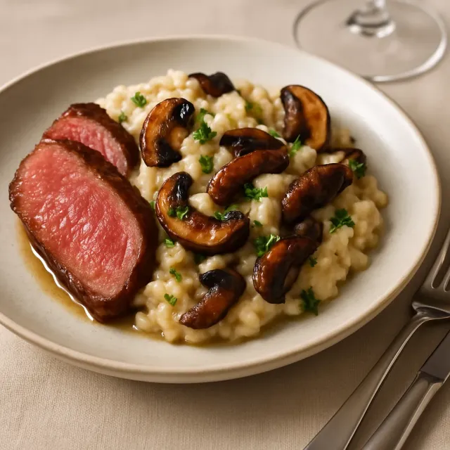Filete de costilla y risotto de champiñones