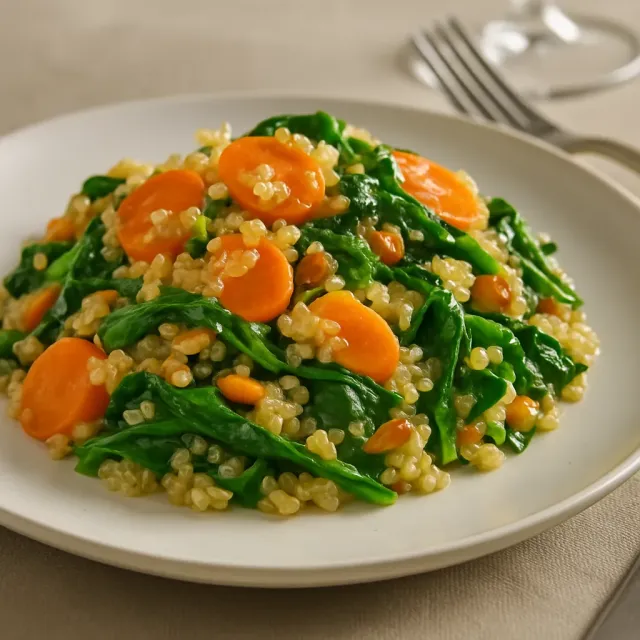Quinoa-Pilaf mit Karotten, Tomaten und Spinat