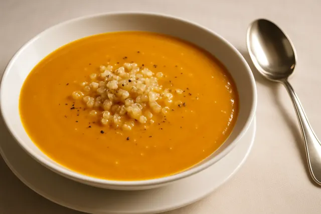 Soupe crémeuse de courge musquée au gingembre frais et au quinoa