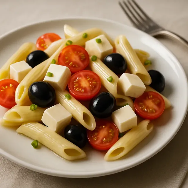 Penne-, Tomaten- und Mozzarella-Salat