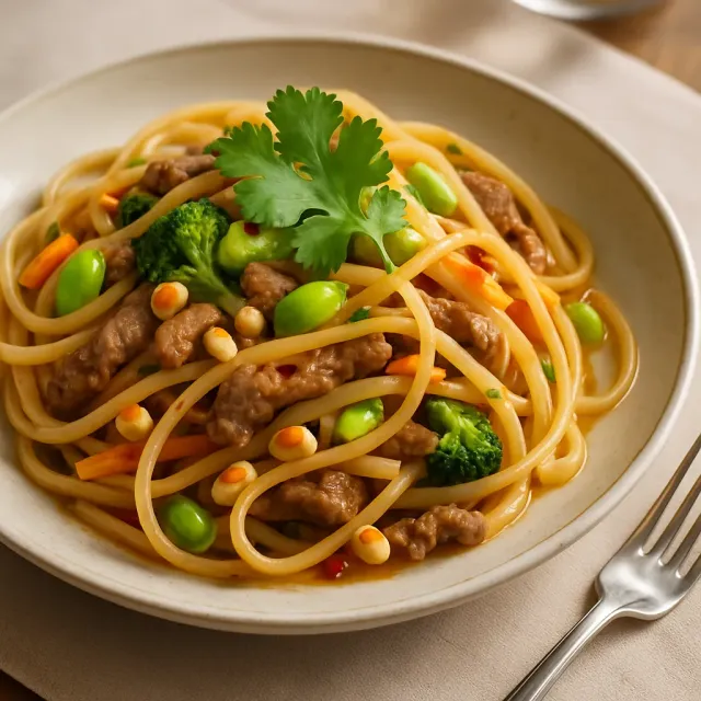 Salada de Macarrão Asiática com Carne, Brócolis e Brotos de Feijão
