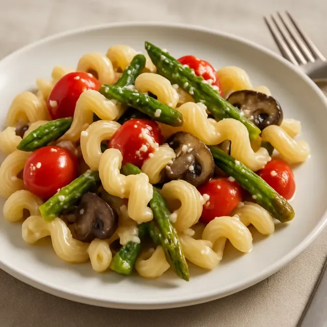 Shrimp Scampi with Tomatoes, Pasta, and Roasted Asparagus