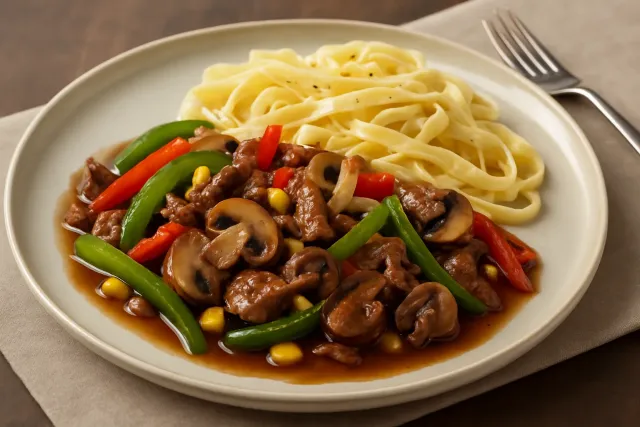 Steak tranché, poivrons et champignons au four