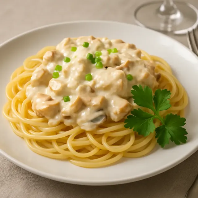 Pollo cremoso sobre Linguine