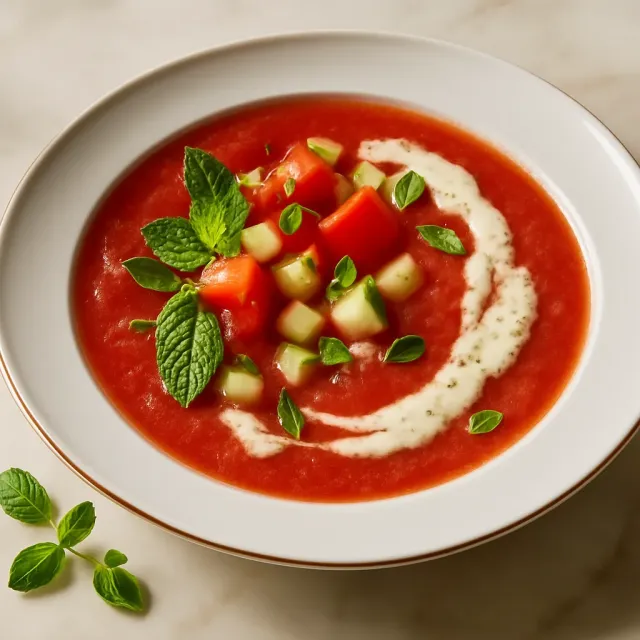 Gazpacho all'Anguria e Pomodoro con Vortice Freddo di Cetriolo