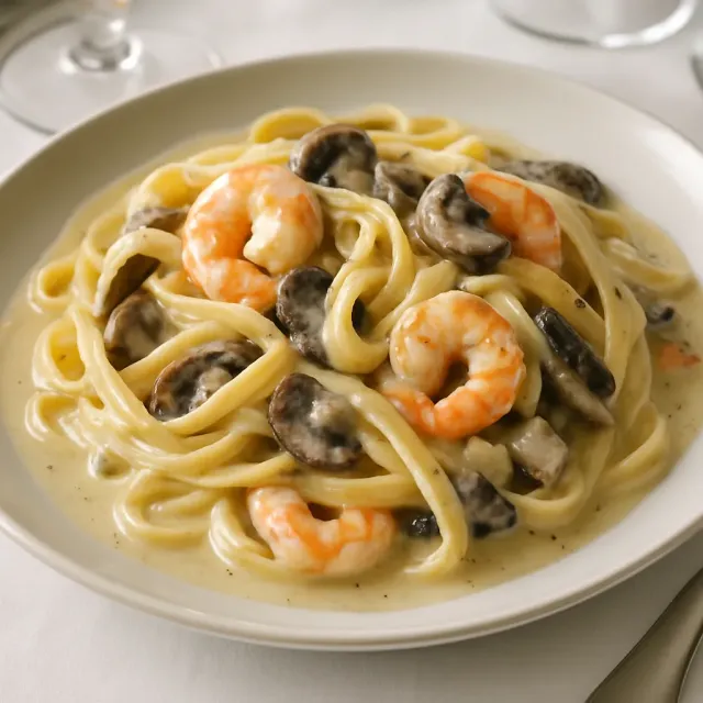 Pâtes Alfredo aux champignons et crevettes