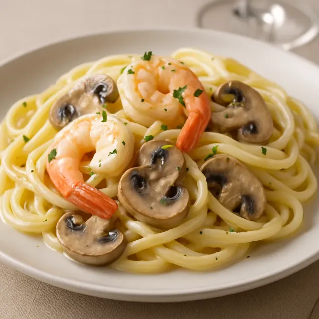 Pâtes aux crevettes et aux champignons crémeuses