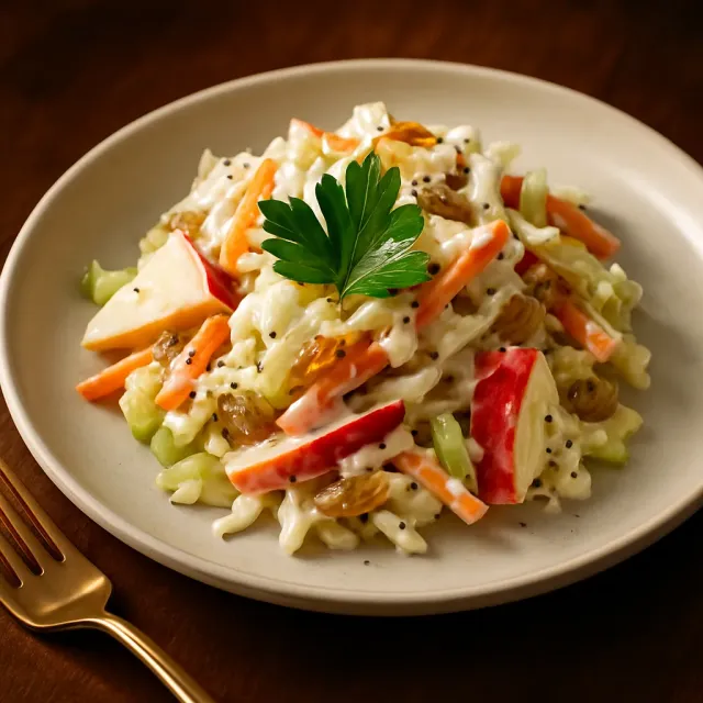 Apfel-, Rosinen- und Karottensalat