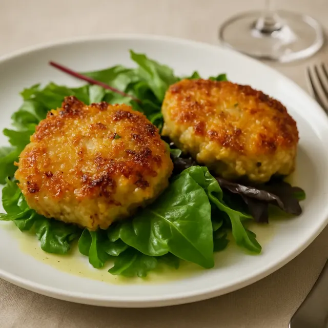 Deviled Crab Cakes on Mixed Greens with Ginger-Citrus Vinaigrette