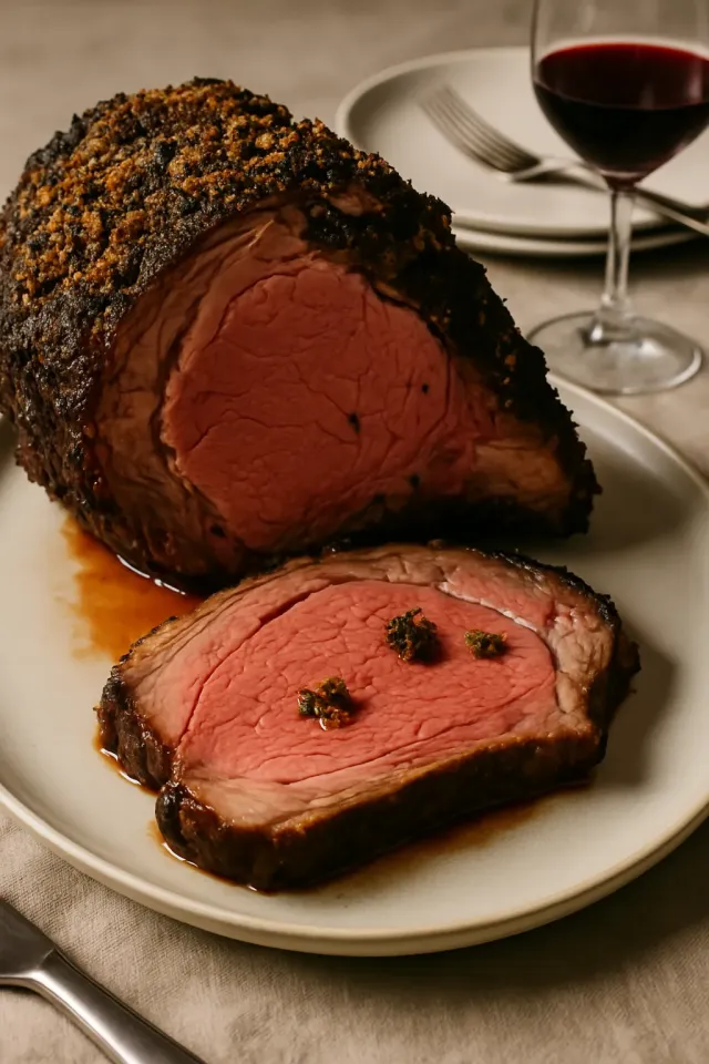 Arrosto di Costata Senza Osso con Aglio e Rosmarino, accompagnato da Salsa ai Funghi al Vino Rosso