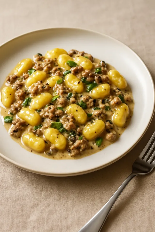 Gnocchi Xào Xúc Xích và Nấm Kem