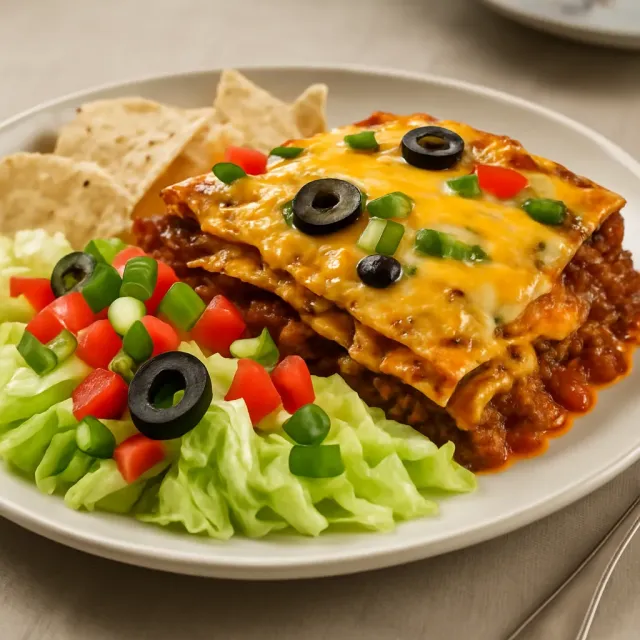 Слоеная запеканка из курицы и черных бобов с энчиладой