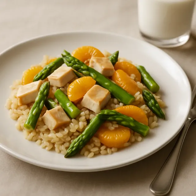 Asparagus, Mandarin Orange, Chicken, and Rice
