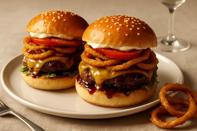 Cópia do Hambúrguer Red Robin Whiskey River BBQ com Cruzes de Cebola