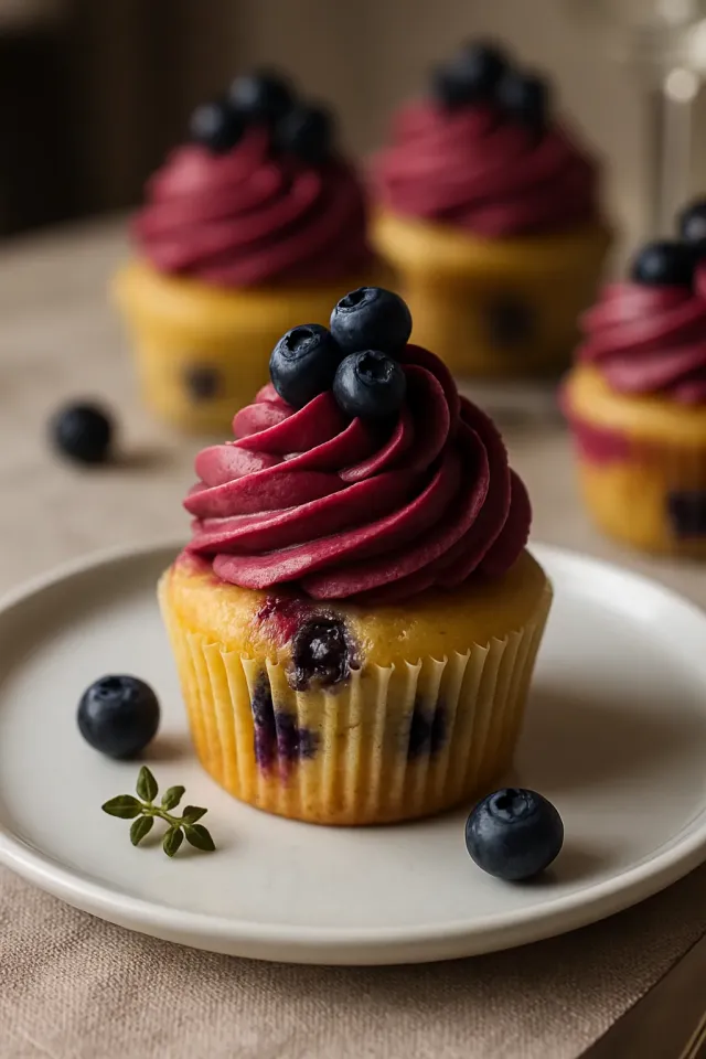 Cupcakes de Limão e Mirtilo com Cobertura de Creme de Manteiga de Limão e Mirtilo