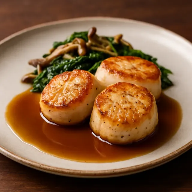 Sous-Vide Bay Scallops on Soy Ginger Espuma with Mushrooms and Spinach